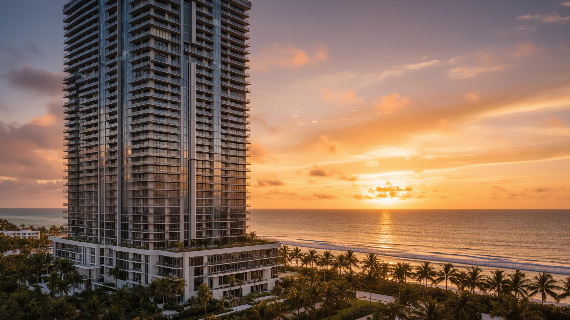 Luxury waterfront condominium at sunset in South Florida